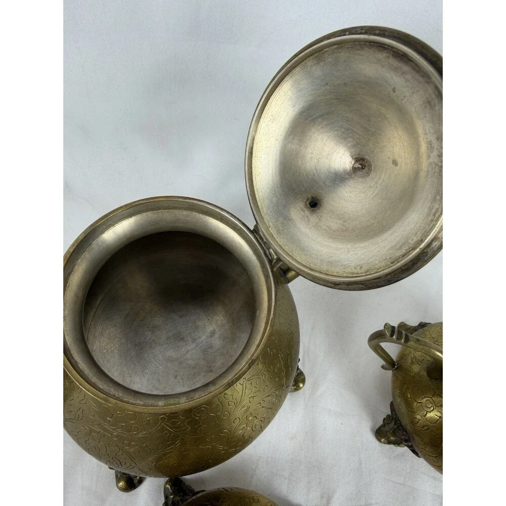 Vintage Brass Tea Set Teapot Creamer Sugar Bowl Detailed Floral Etching